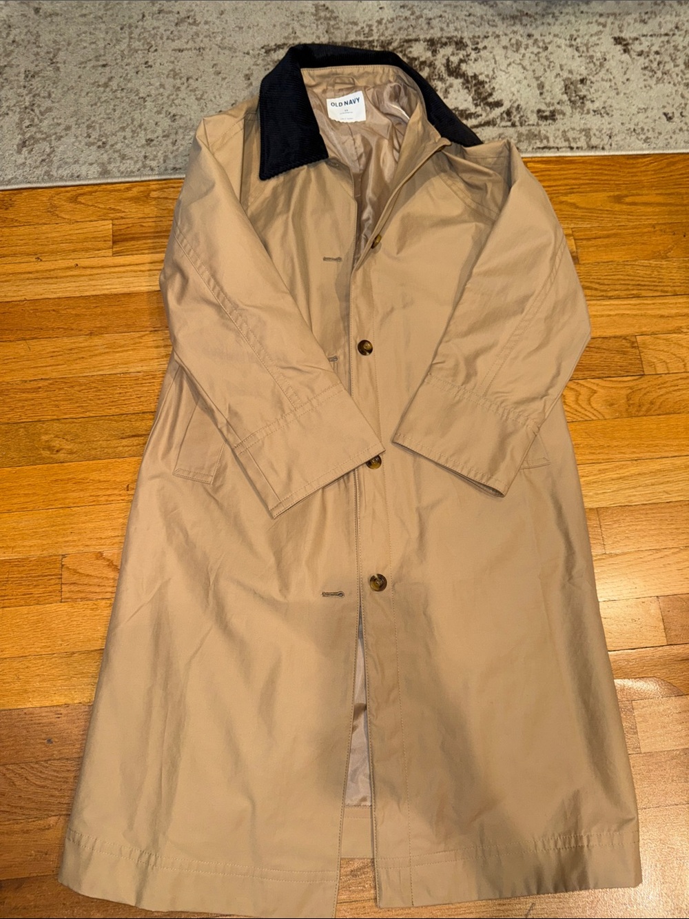 Old Navy Men's Beige Trench Coat with Black Collar